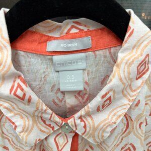 Chico's No Iron, Orange and White Linen, 3/4 sleeve, button shirt, Size(US 6S)